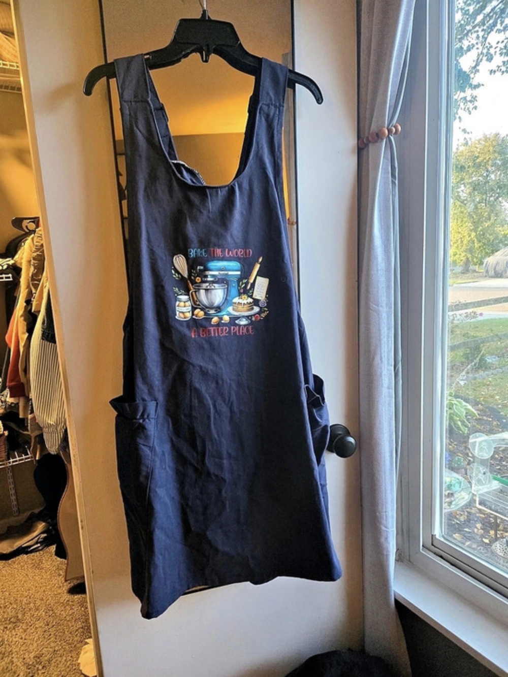 Apron Cross Back Apron Navy Blue "Bake The World A Better Place"